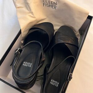 Eileen Fisher Juno platform sandals, black leather, size 10M.